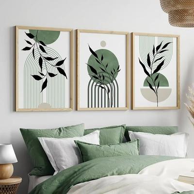 Arte murale verde bohémien, geometrica, minimalista, foglia, astratta, HD, stampe su tela, poster, casa, camera da letto, soggiorno, arredamento, regalo