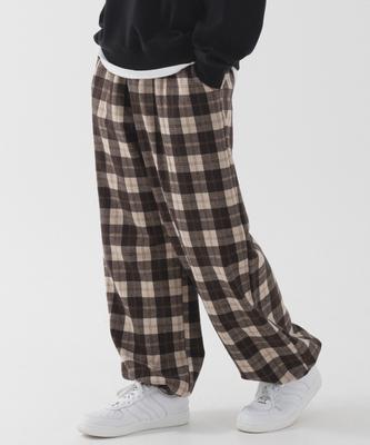 PIANER Szerokie spodnie dresowe w kratę Tartan (Ciemny brąz)