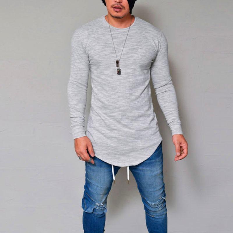 Men Longline Curved Hem Long Sleeve T Shirt Slim Fit Casual Crew Neck Tees