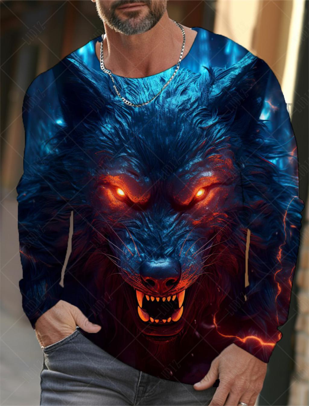 Xuhaijian02 Vintage Heren T-shirt met Lange Mouwen 3D Print Shirts Mode Dieren Wolf Grafische Kleding Mouw Tops Heren Oversized Streetwear Top 3XL