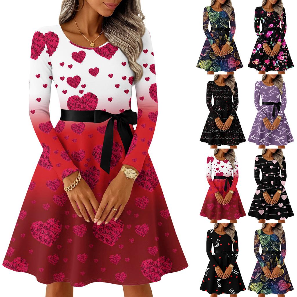 Damen Casual Mode Langarm Vintage Lange Kleider Frühling Valentinstag