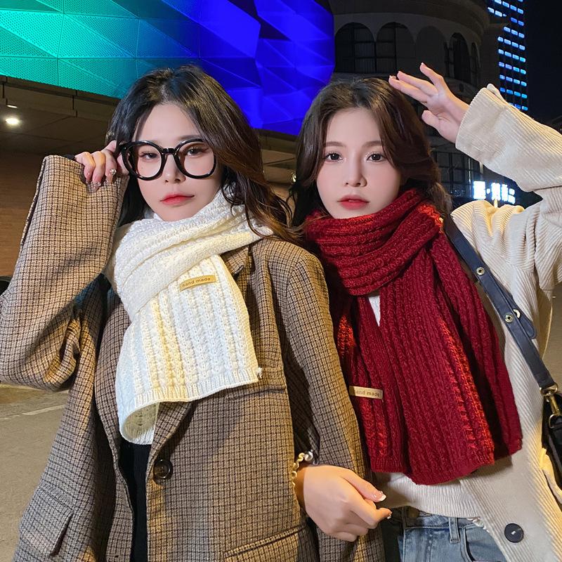Versatile knitted wool red scarf women's new winter high-end warm couple scarf student