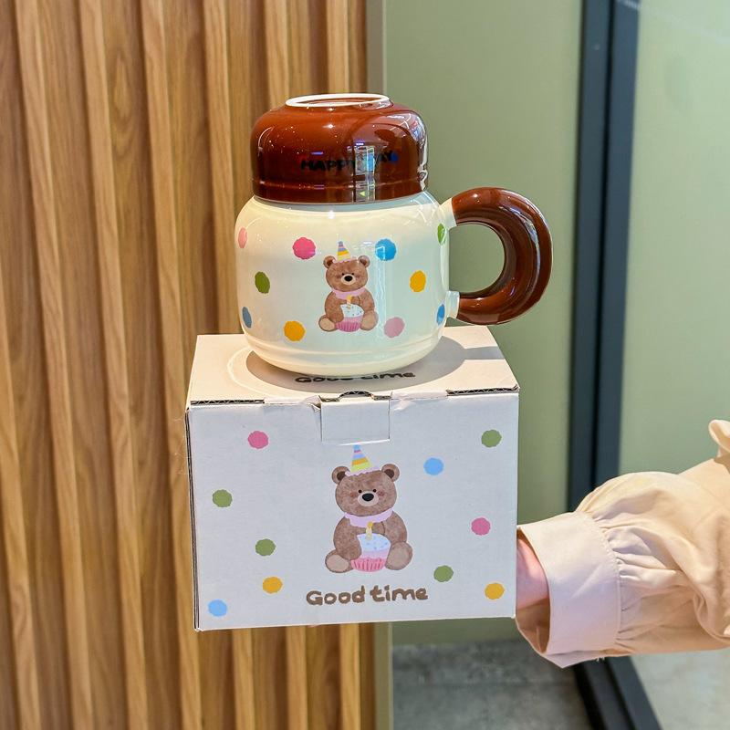 Milk fufu cute bear kettle large capacity ceramic mug with lid spoon couple coffee cup female birthday gift