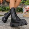 Fashion Fashion Black PU Leather Mid Calf Boots Women Thick Sole Non Slip Combat Boots Woman Autumn Winter Lace Up Platform Botas Mujer