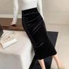 Elegant Velvet Black Long Skirts Women Autumn Winter High Waist Korean Clothing Office Ladies Bodycon Midi Skirt
