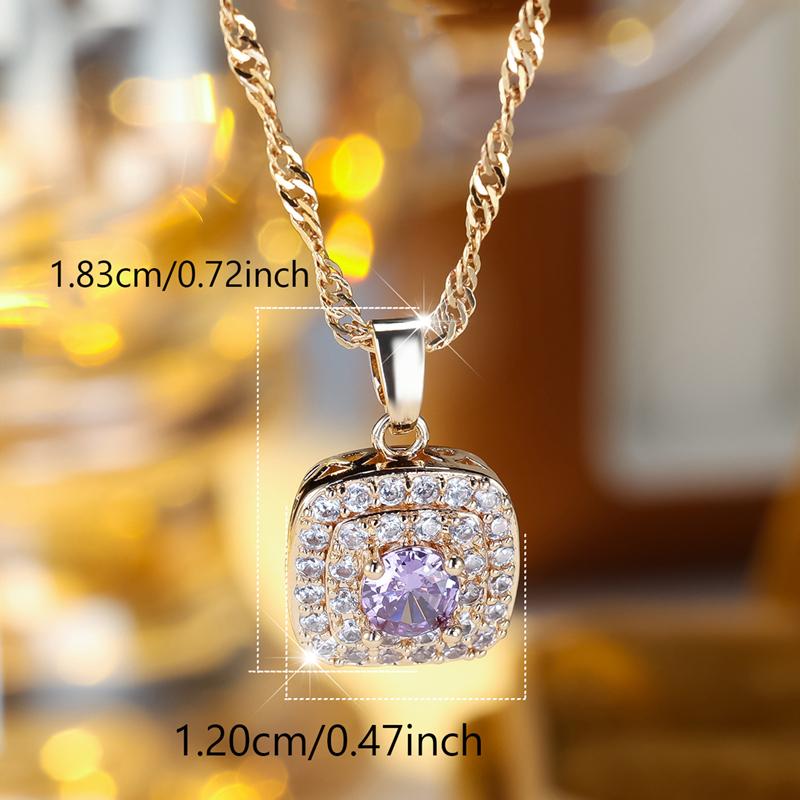 Shiny Purple Zircon Square Pendant Necklace for Women Gold Color Crystal Pendant Vintage Jewelry