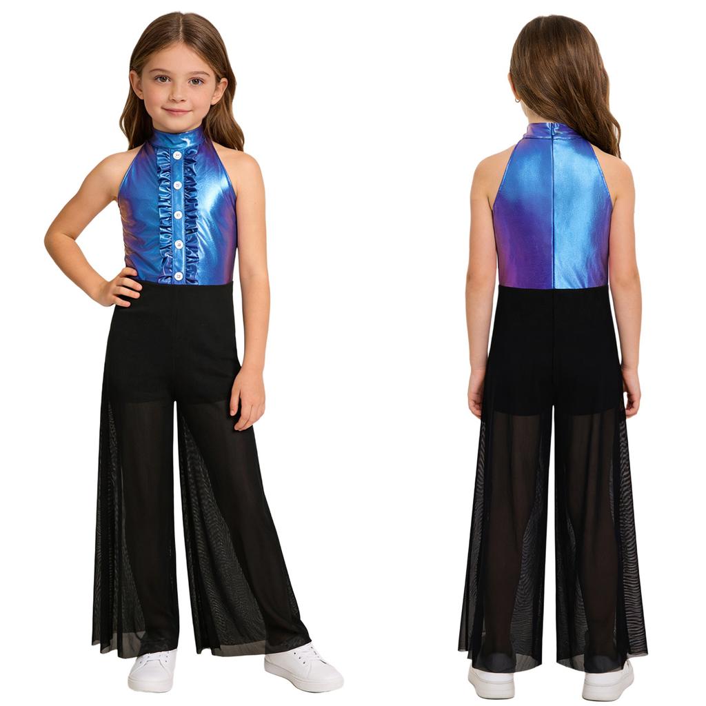 Sprankelende Metallic & Mesh Dans Jumpsuit voor Meisjes: Hoge Hals Mouwloos met Gerimpeld Bovenlijf & Wijdvallende Broek voor het Podium