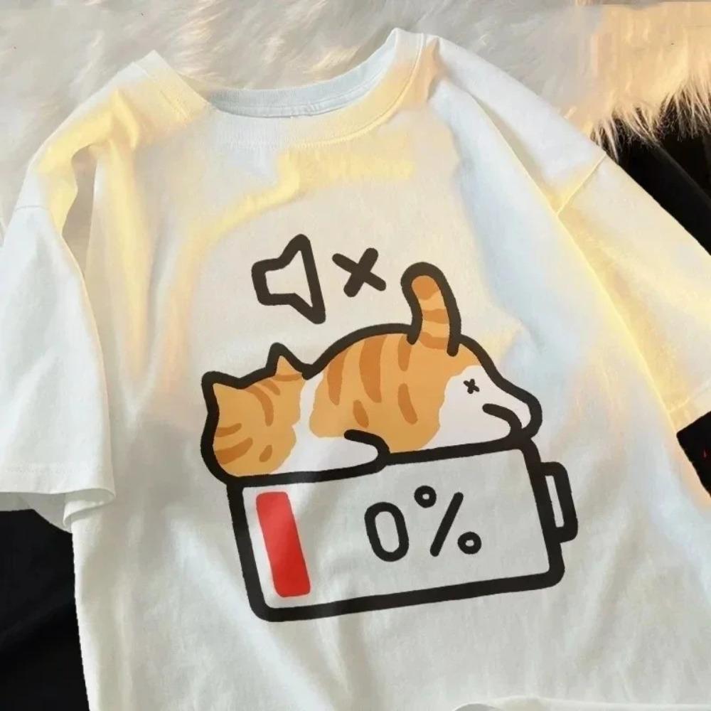 

New Cute Low Battery Cat Print Round Neck Short-Sleeve T-Shirt Summer Collection Hot Sale Woman Clothes T Shirt Tops Tee M