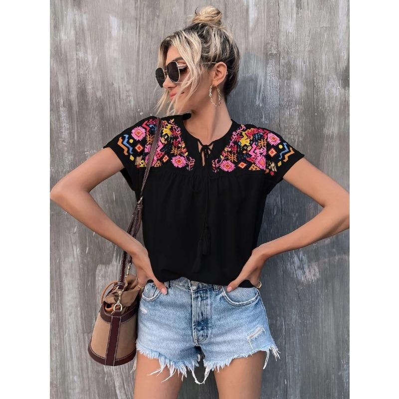 

YYFS женские модные повседневные летние весенние блузки и рубашки с цветочным узором и коротким рукавом с круглым вырезом XXL чёрный