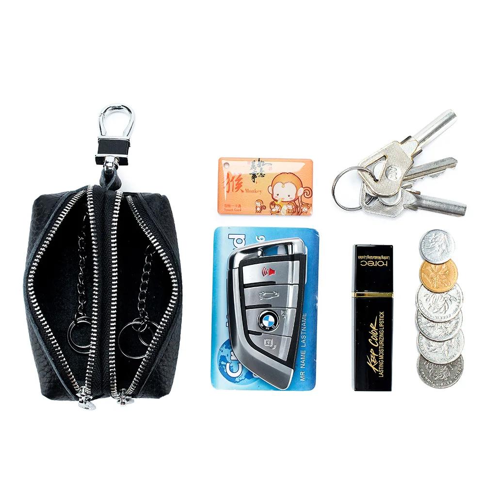 Echte Leder Auto Schlüsselbörsen Mode Schlüsselhalter Hausmeister Schlüssel Organizer Doppelreißverschluss Schlüsselanhänger Etui Schlüssel Tasche Münzbeutel