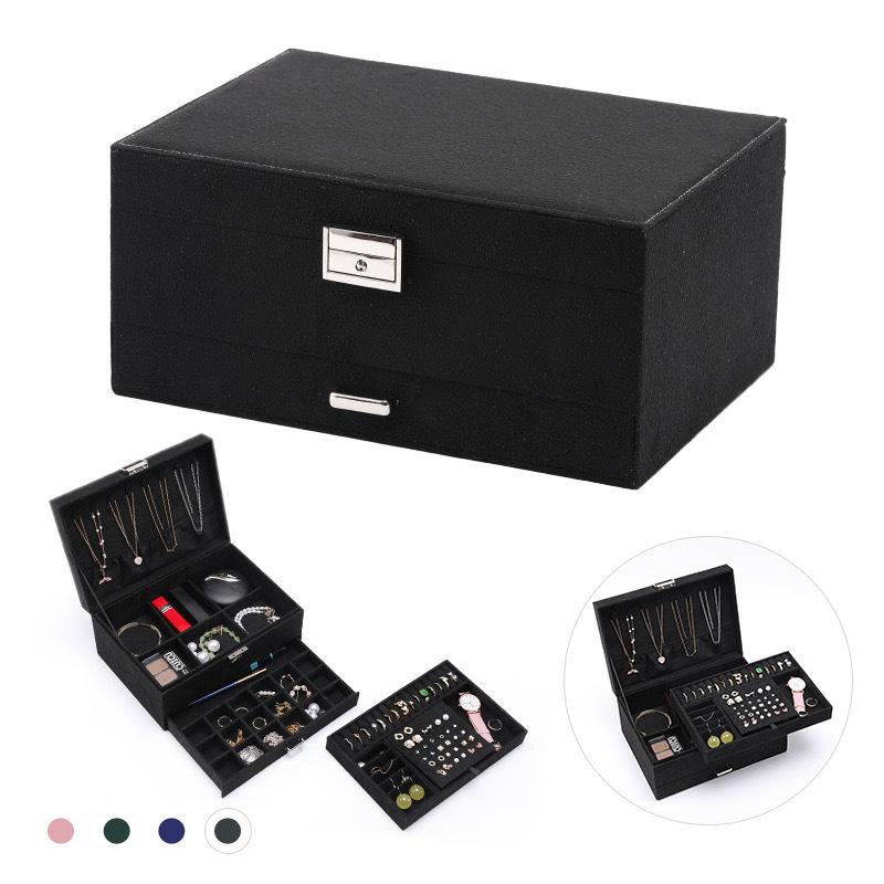 Lockable Three-Layer Velvet Jewelry Box with Earring, Ring, and Bracelet Storage