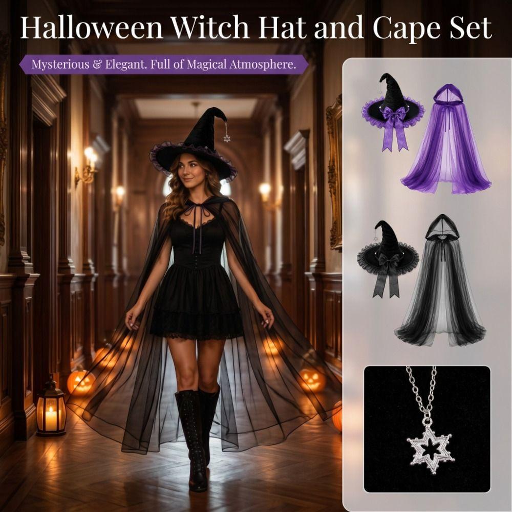 Hooded Mesh Witch Hat Hooded Cloak Role Play Halloween Cosplay Hooded Cape  Women Party