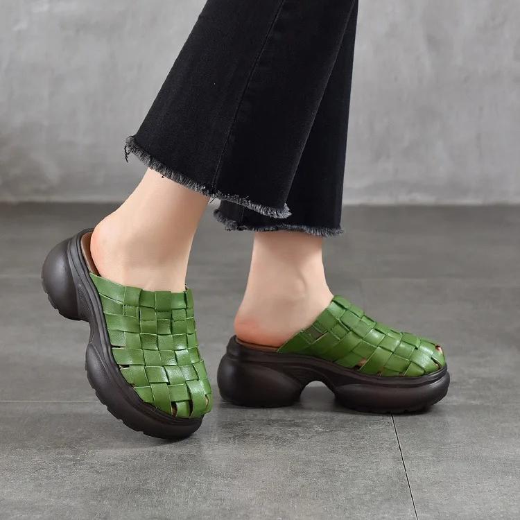 Johnature Echte Leder Gewebte Runde Zehen Hausschuhe Dicke Sohle Höhe Erhöhend Outdoor Damen Slides