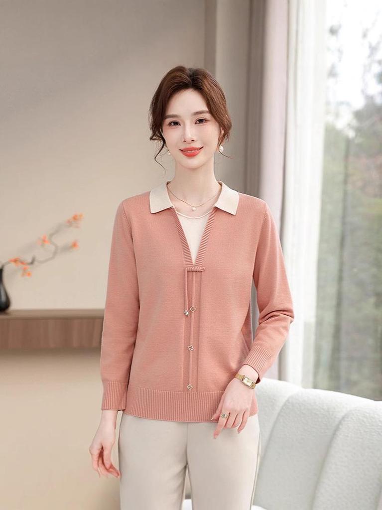 Elegant Spring-Autumn Faux Two-Piece Knit Top for Young, Middle-Aged, and Elderly Women
