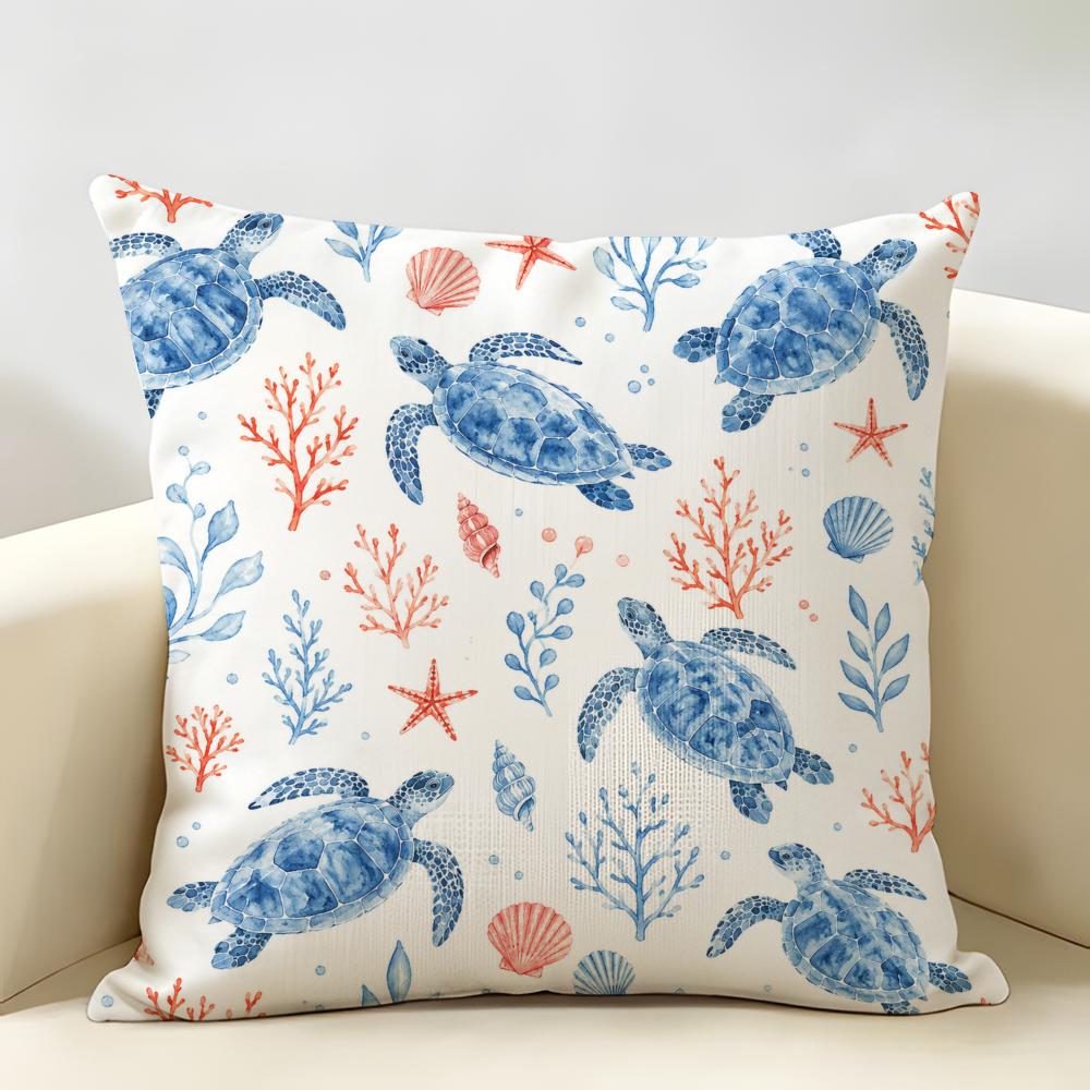 Blue White Red Ocean Animals Cushion Cover Natural Linen Organic Fabric Double-Sided Printing Breathable Perfect For Home Decor