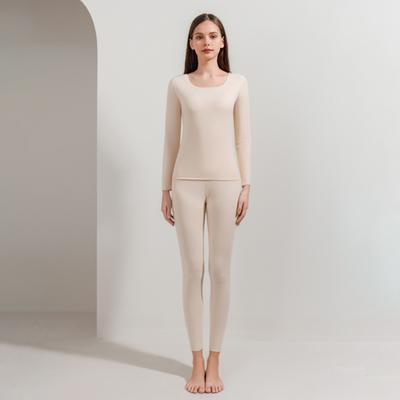2 Pcs/Set Winter Women Thermal Underwear Set Round Neck Seamless Long Sleeve Warm Thick Double-sided Plush Slim Fit Elastic Lady Cold Weather Pajamas