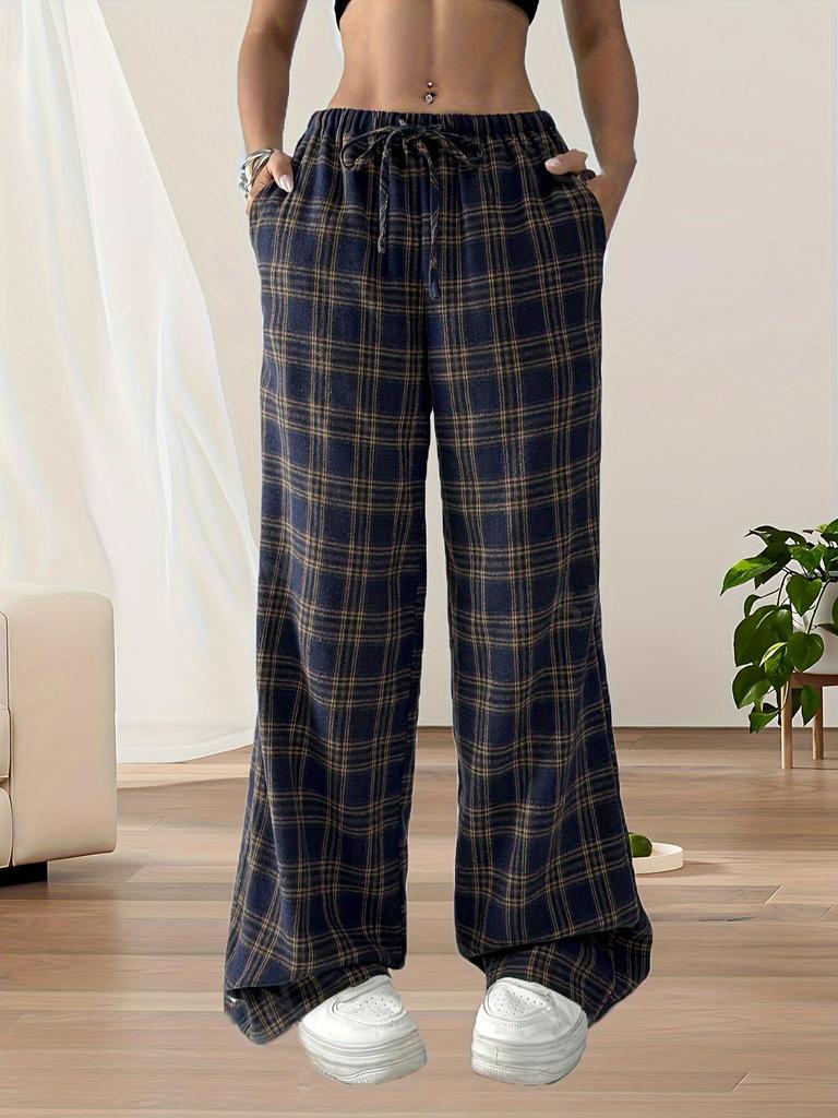 2024 Autumn/Winter Women's High-Waisted Plaid Wide-Leg Pants - Perfect for Back-to-School, Christmas, and Daily Wear
