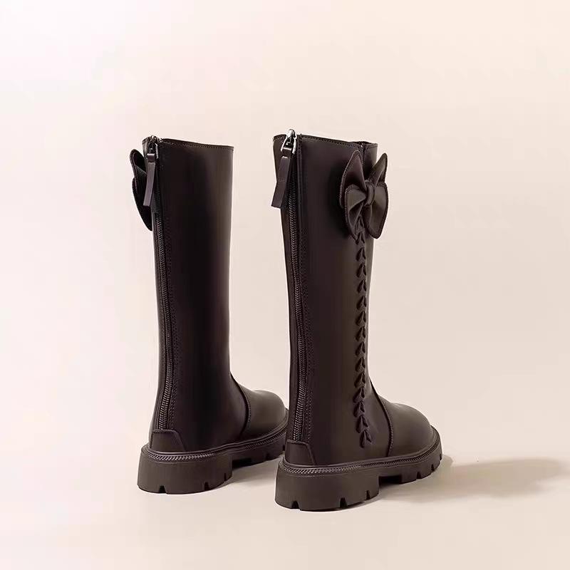 Dívčí kozačky po koleno v britském stylu s fleecovou podšívkou a mašlí - Móda podzim/zima 2025 pro malé princezny s měkkou podrážkou