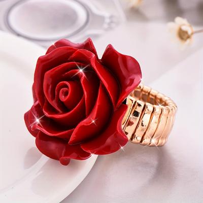 Eleganter roter Rosenblütenring für Frauen, verstellbares offenes Band, glänzender Paarring im glamourösen Stil