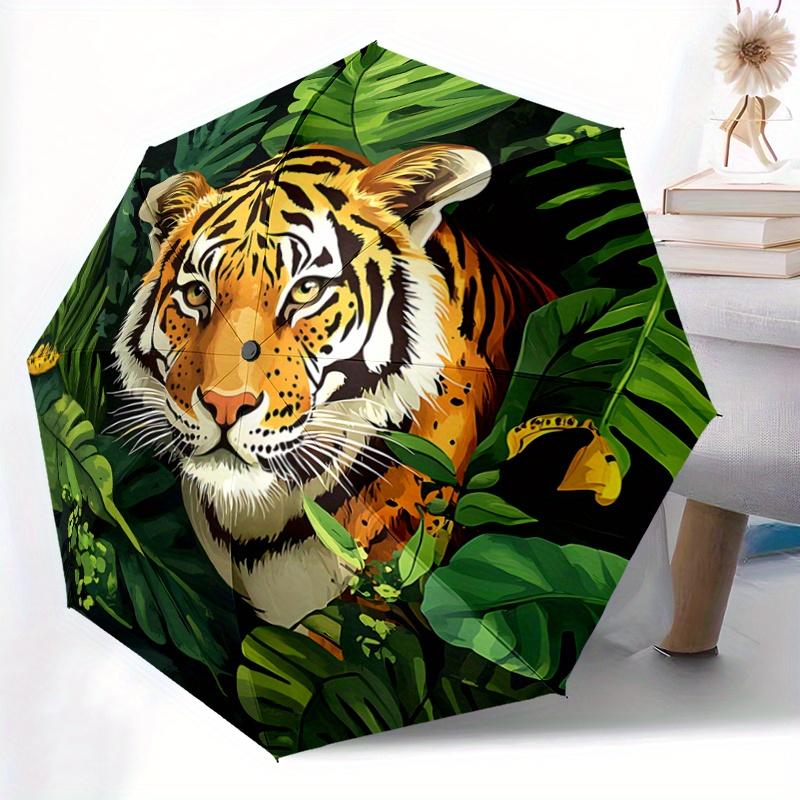 1pc Tiger in the Jungle Pattern Automatic 3-Fold Umbrella, 8 Iron Frames, High-Value Folding Umbrella, Suitable for Office, Travel and Outdo