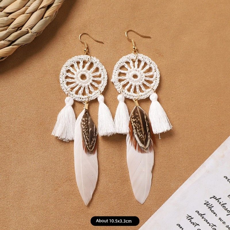 Ethnic Style Bohemia Feather Earrings White Long Style Fashion Retro Stylish Tassel Female Holiday Trip Shoot Earrings