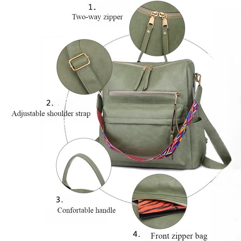 Retro High Capacity Women's Backpacks High Quality PU Leather Waterproof Ladies Shoulders Bag Fashionable Widened Shoulder Strap Girl Female Rucksacks