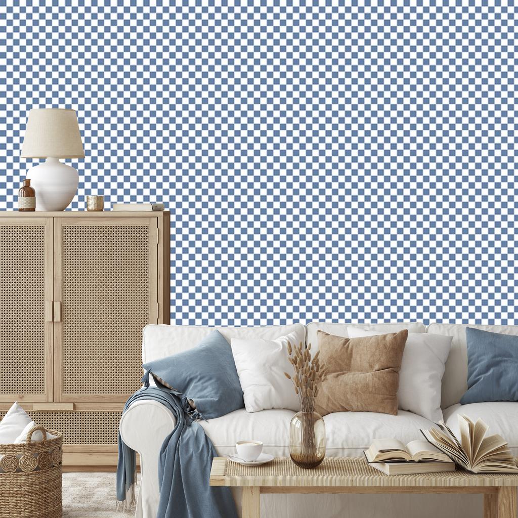 Checkerboard wallpaper in blue, white, azure and light gray 50x1000