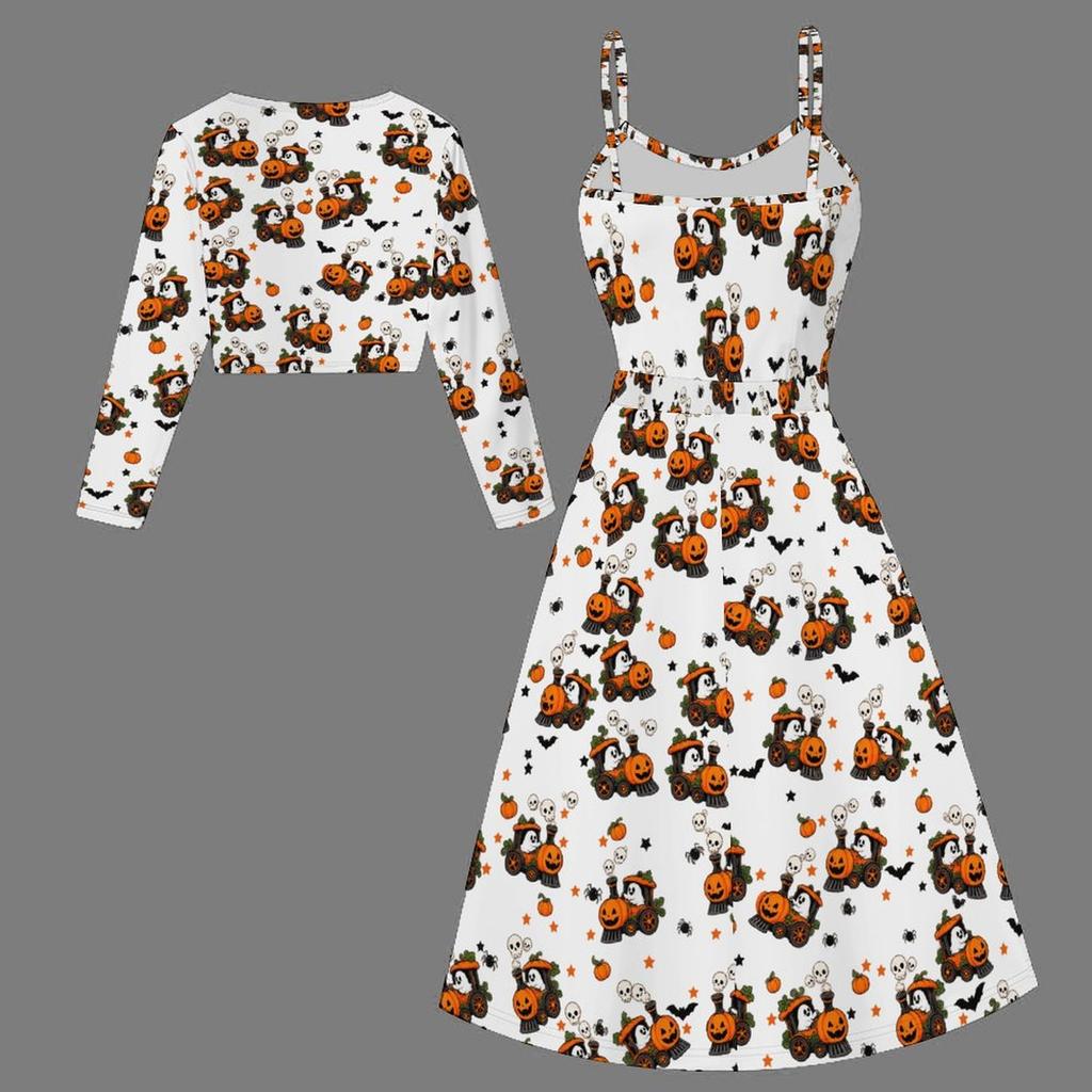 Women Plus Size Two Piece Outfit Long Sleeve Cropped Shrug Strappy Tie Waist Halloween Printed White Long Dress