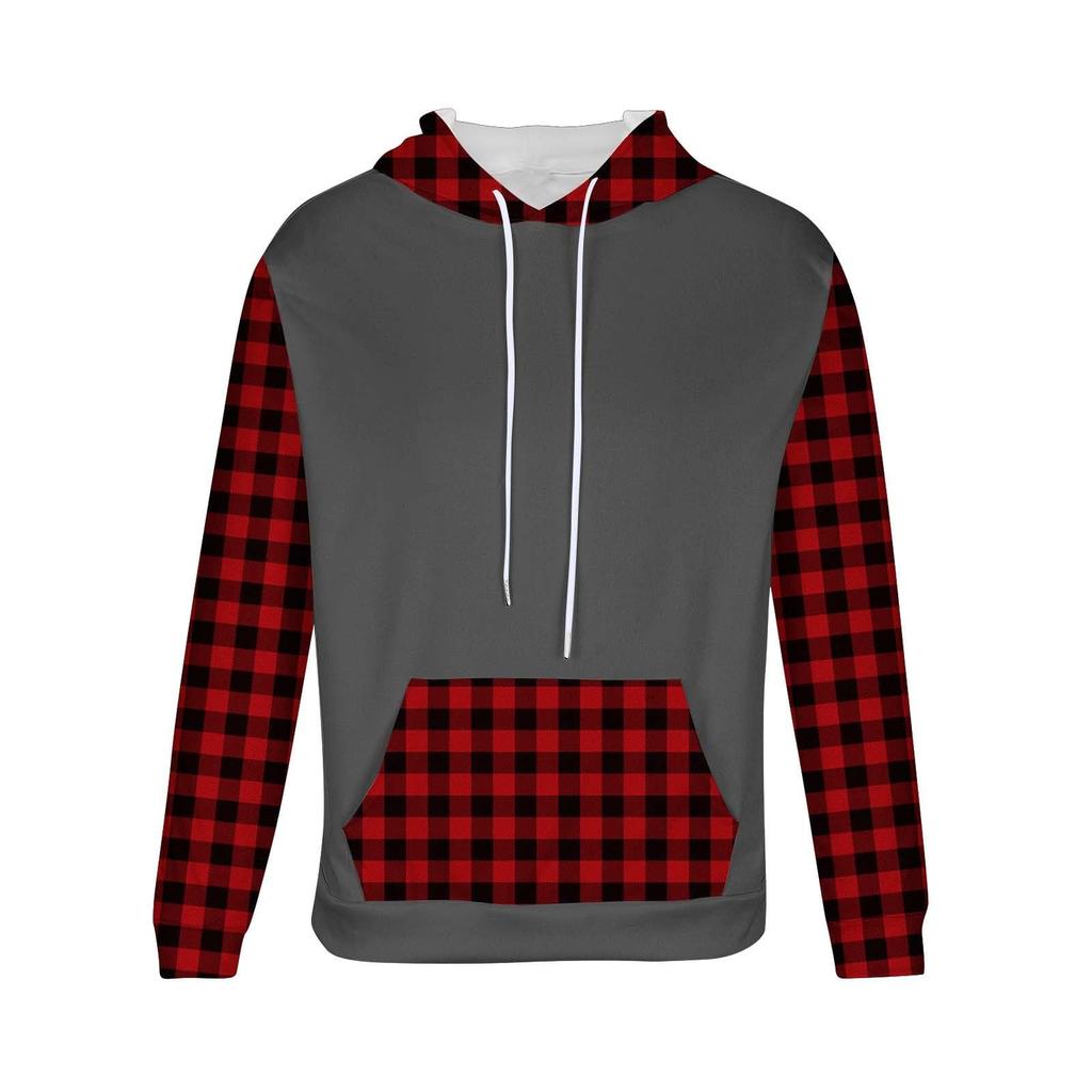 Men's Checked Casual Hooded Drawstring Hoodie Pullover