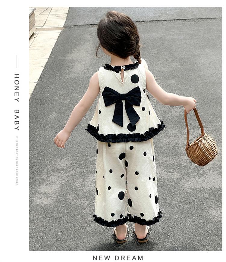Girls' summer black bow polka dot doll shirt set, stylish and stylish, two cartoon wide leg pants for little girls