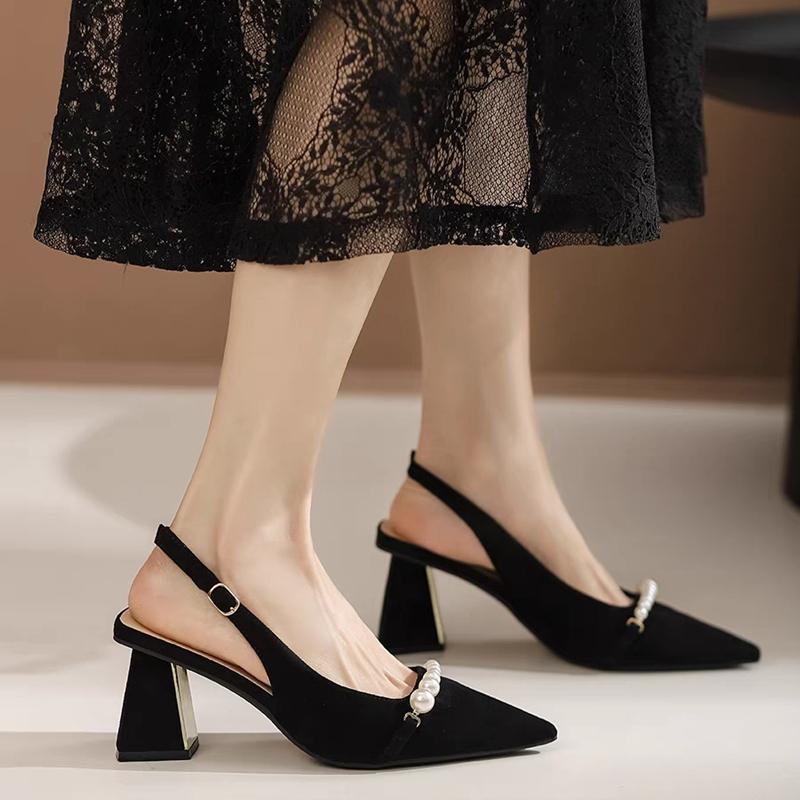 Fashion Women's Fashion Baotou Sandals Summer New Pointed Head Shallow Mouth Bead Suede Anti-slip Wear-resistant Thick Heels