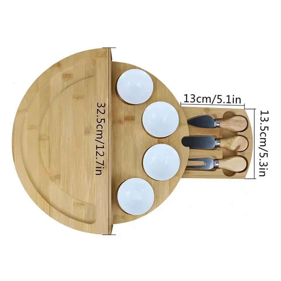 

Bamboo & Wood Cheese Cutting Board Set with Drawer: Round Pizza Board & Bread Pastry Plate Natural Wood Color