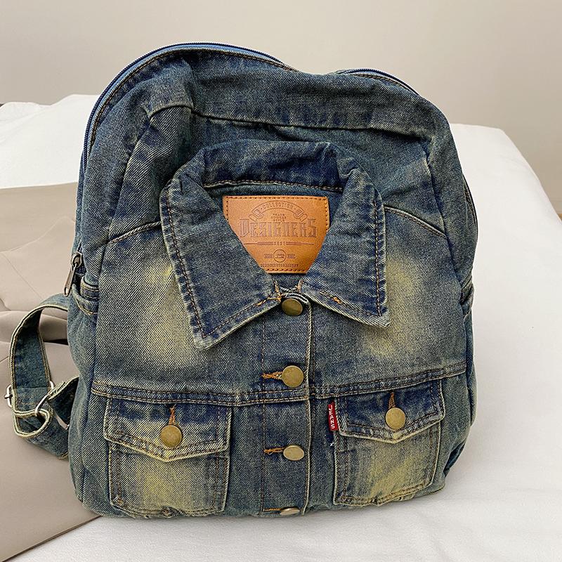 Batoh z prané džínoviny s velkou kapacitou, módní retro styl, podzimní a zimní džínový batoh s velkou kapacitou, taška pro dojíždění