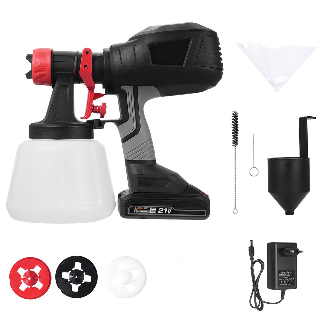 Elektrisches Farbspritzgerät mit 21V 2,0Ah Batterien Spritzmaschine mit 4 Düsen & 3 Sprühmustern &