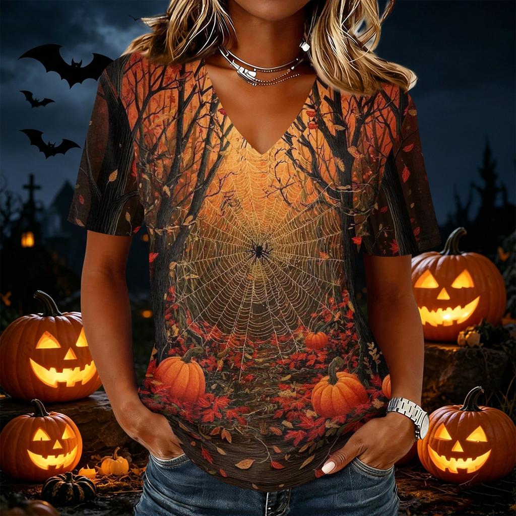 Women's Short Sleeve V-Neck Halloween Print T-Shirt Casual Top for Party