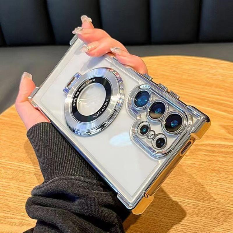 Samsung S24 Ultra Mobile Phone Case Electroplated Four Corner Anti Fall Magnifying Glass Magnetic Suction Bracket S23 Gradient Flash Powder