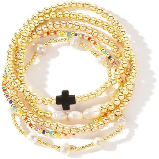 14K Gold Plated Pearl Beaded Cross Bracelets Stack Set for Women,Stretch Boho Colorful Christian Beads Ball Jewelry Friendship Summer Trendy Gift