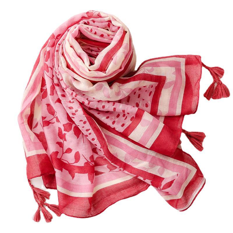 Fresh Cotton Linen Sun Protection Shawl: Red Flower Tassel Silk Scarf for Spring/Summer Travel