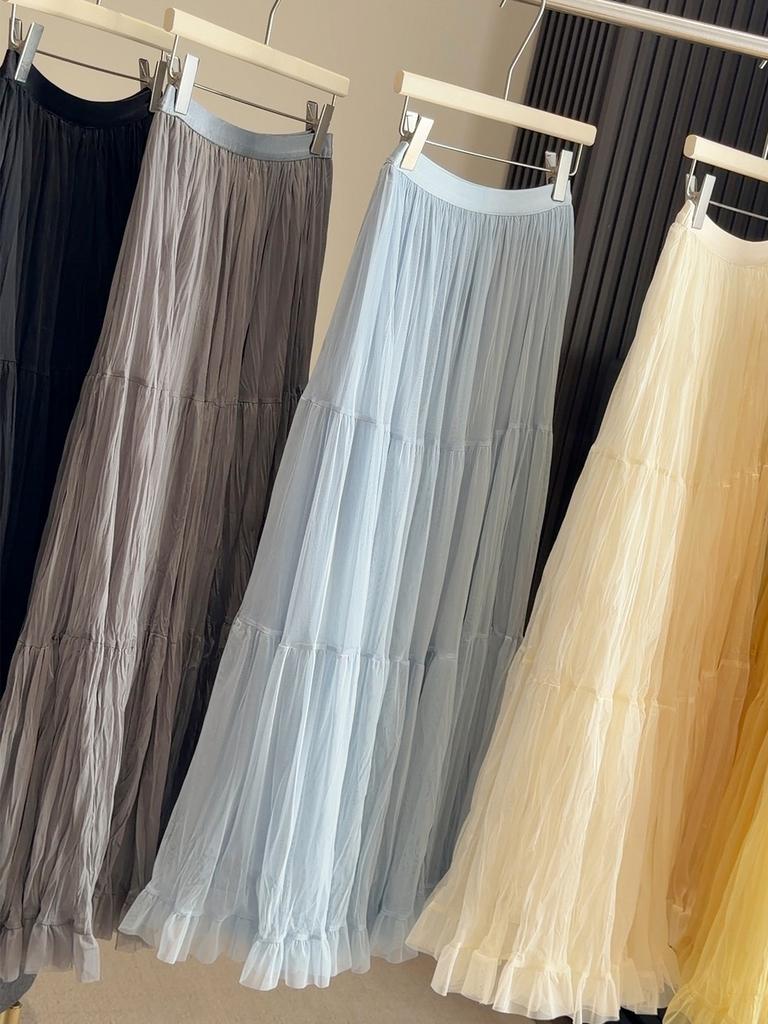 Pure Color Mesh Panel Long Skirt With Pleats For Casual Womens Fashion