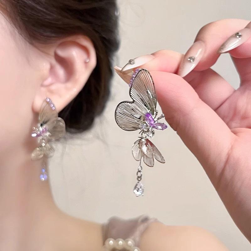 Elegant 3D Silver Butterfly Tassel Earrings for Women