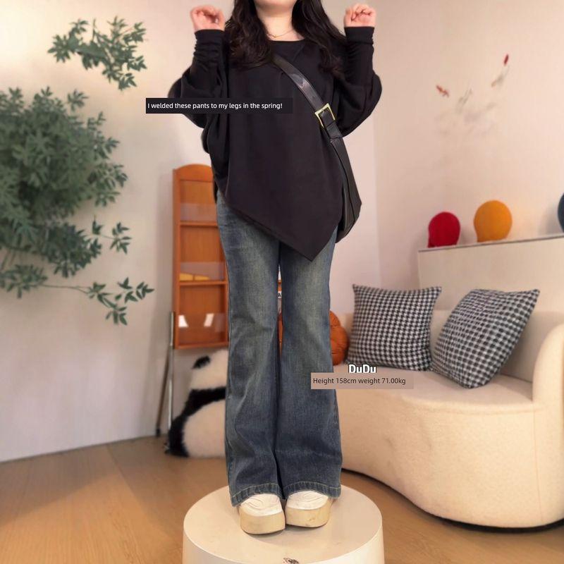 

Vintage Flared Jeans for Women, Spring Season, Plus-Size, Slimming, Pear-Shaped Body, Thick Legs, Wide Hips, High-Waisted Wide-Leg Pants Vintage Blue Extended Length 2XL