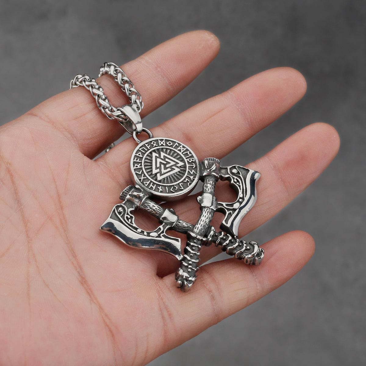

Nordic Viking Warrior Double Axe Stainless Steel Pendant Necklace Men s Valknut Rune Chain Jewelry Men s