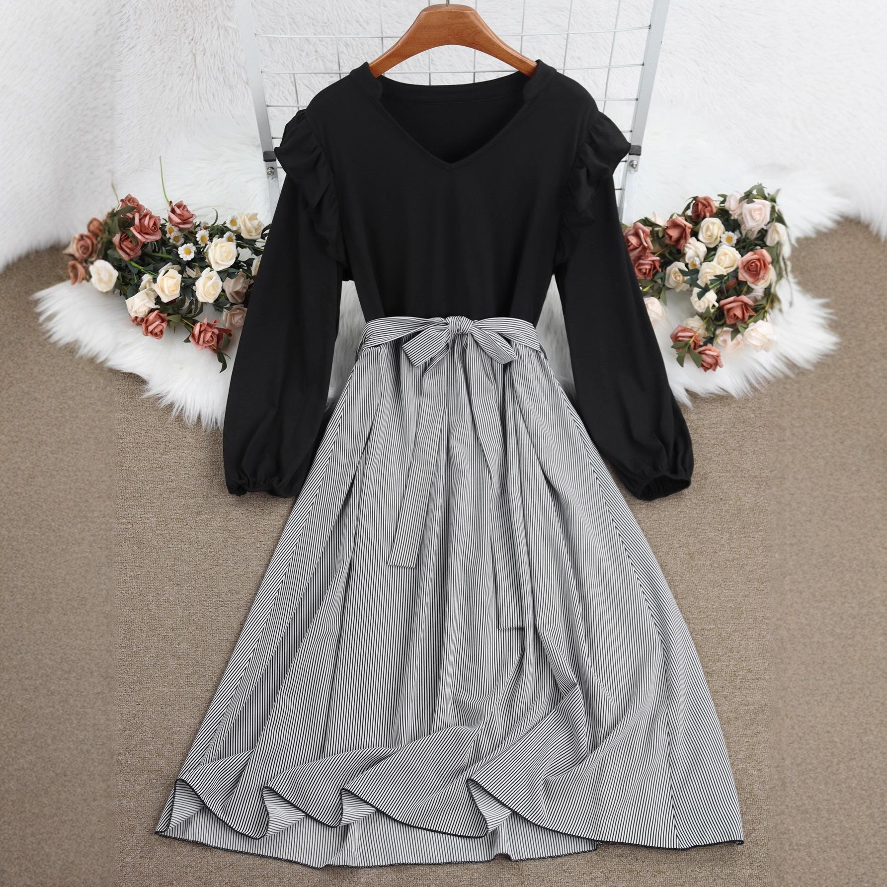 

Новое элегантное полосатое платье А-силуэта большого размера с круглым вырезом и длинными рукавами с КРУЖЕВАМИ 4XL чёрный