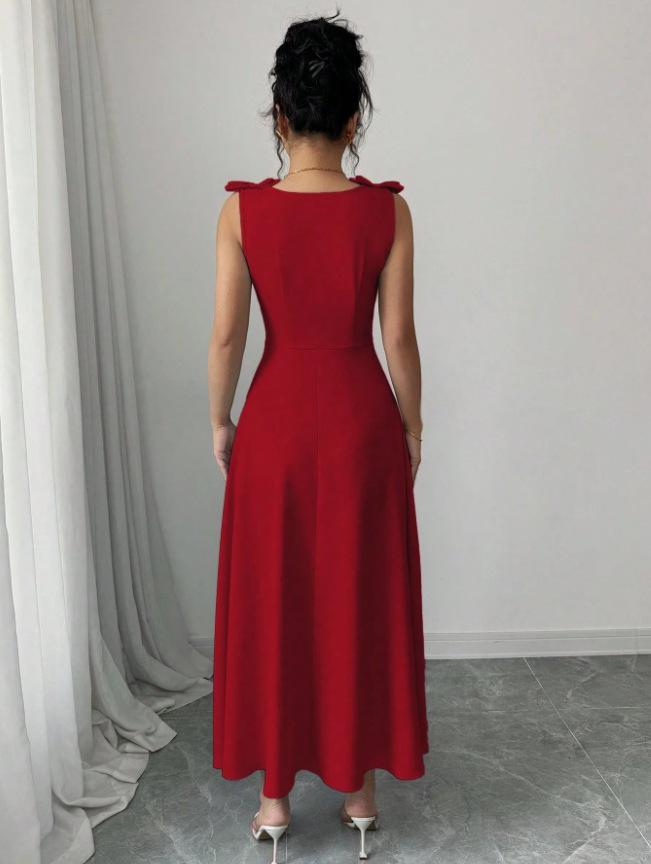 2025 Spring/Summer Blue Sleeveless Midi Dress with Bow and Button Waist