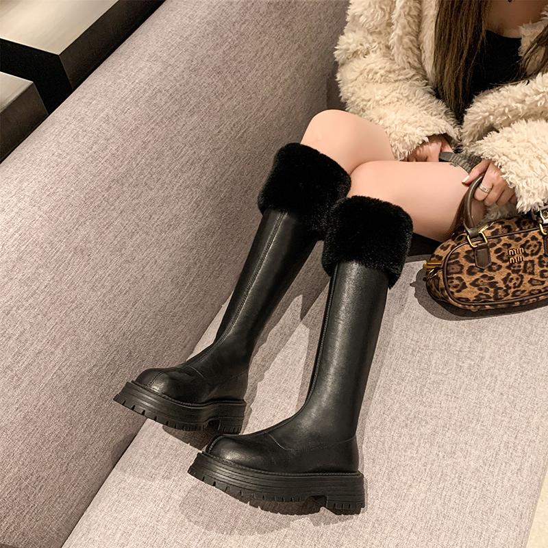 Fur Flats Platform Women High Boots Fad Mid Heels Shoes Plush Warm Knee High Snow Boots Winter 2025 Trend Goth Pumps Botas Mujer