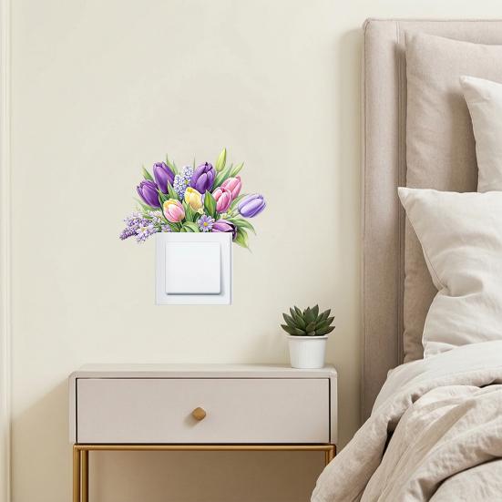 Yousheng Watercolor Tulip Flower Switch Sticker, Removable Floral Wall Decal for Light Switch, Outlets, Ledge, Bedroom, Living Room, Classroom Decor