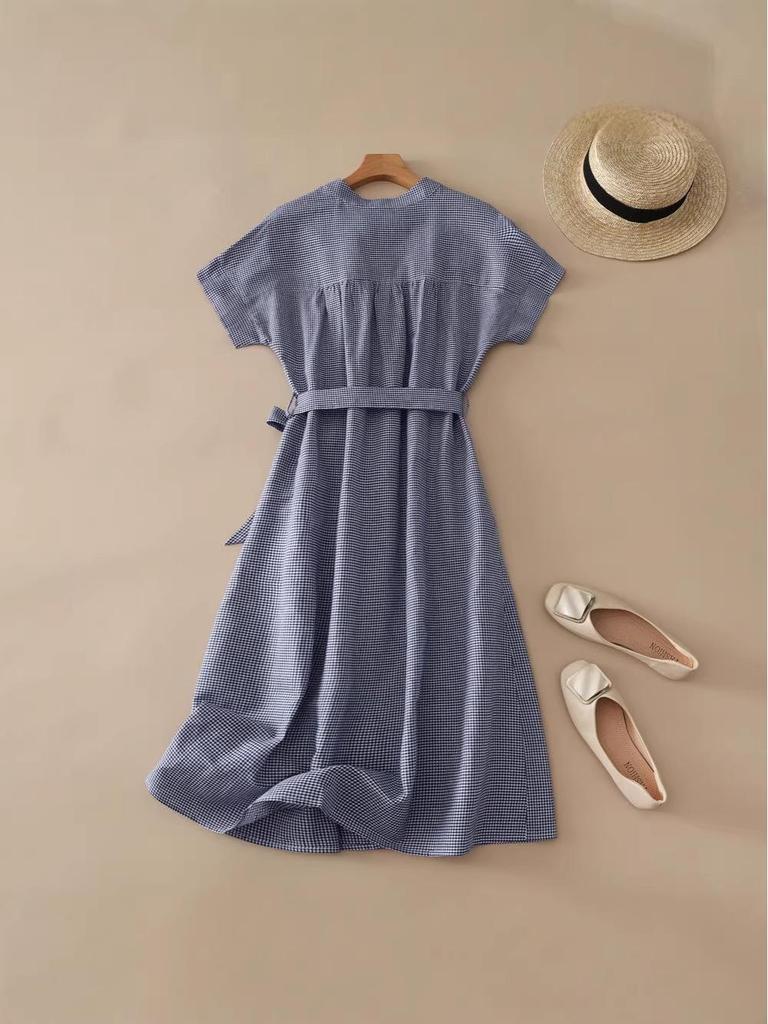European & American Women's Summer Plaid Tie-Waist Mid-Length Dress - Slimming French Style
