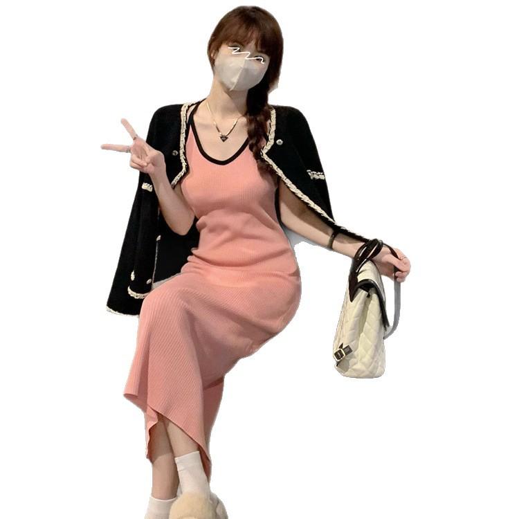 Pure desire wind suspender dress women's summer new contrasting color backless design sense slim and thin hip skirt