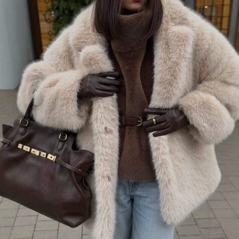 Womens Faux Fur Coat Winter Thickened Mid-Length Jacket With Cotton Lining Loose Fit Street Style