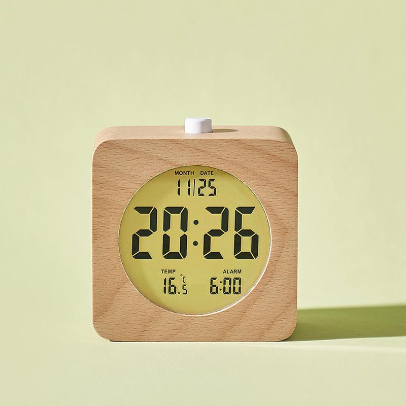 Nordic style solid wood alarm clock simple wood clock multifunction LCD electronic clock handmade clock 2106